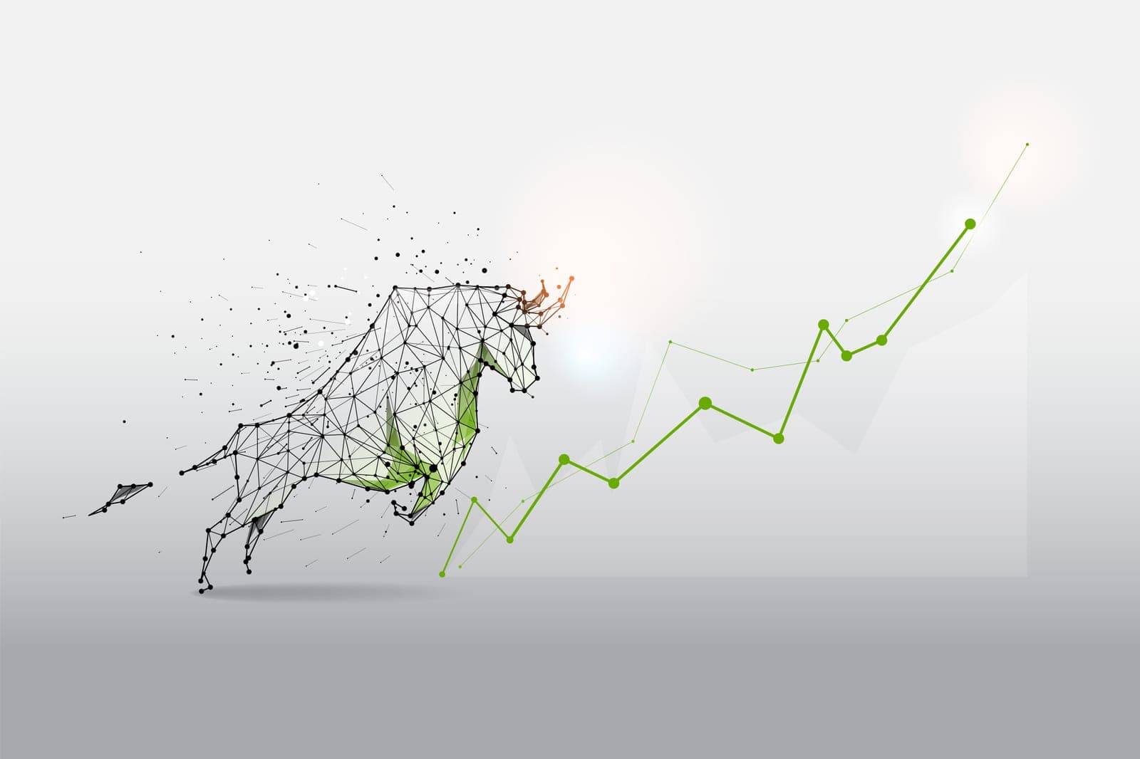 Polygonal illustration of a bull charging alongside a rising market chart
